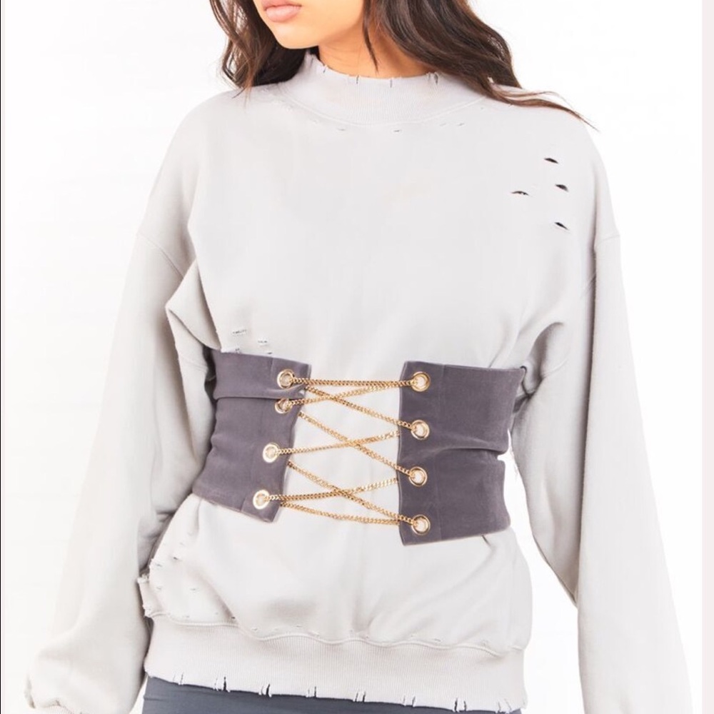 Gray velvet chain lace up corset belt